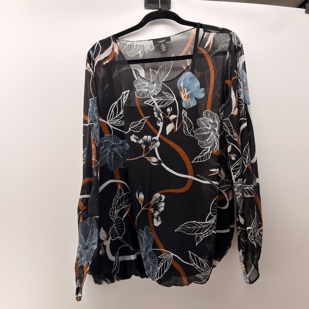 Alfani Blouse Women 2X Black Floral Sheer Overlay Bubble Hem Boho Career Layered